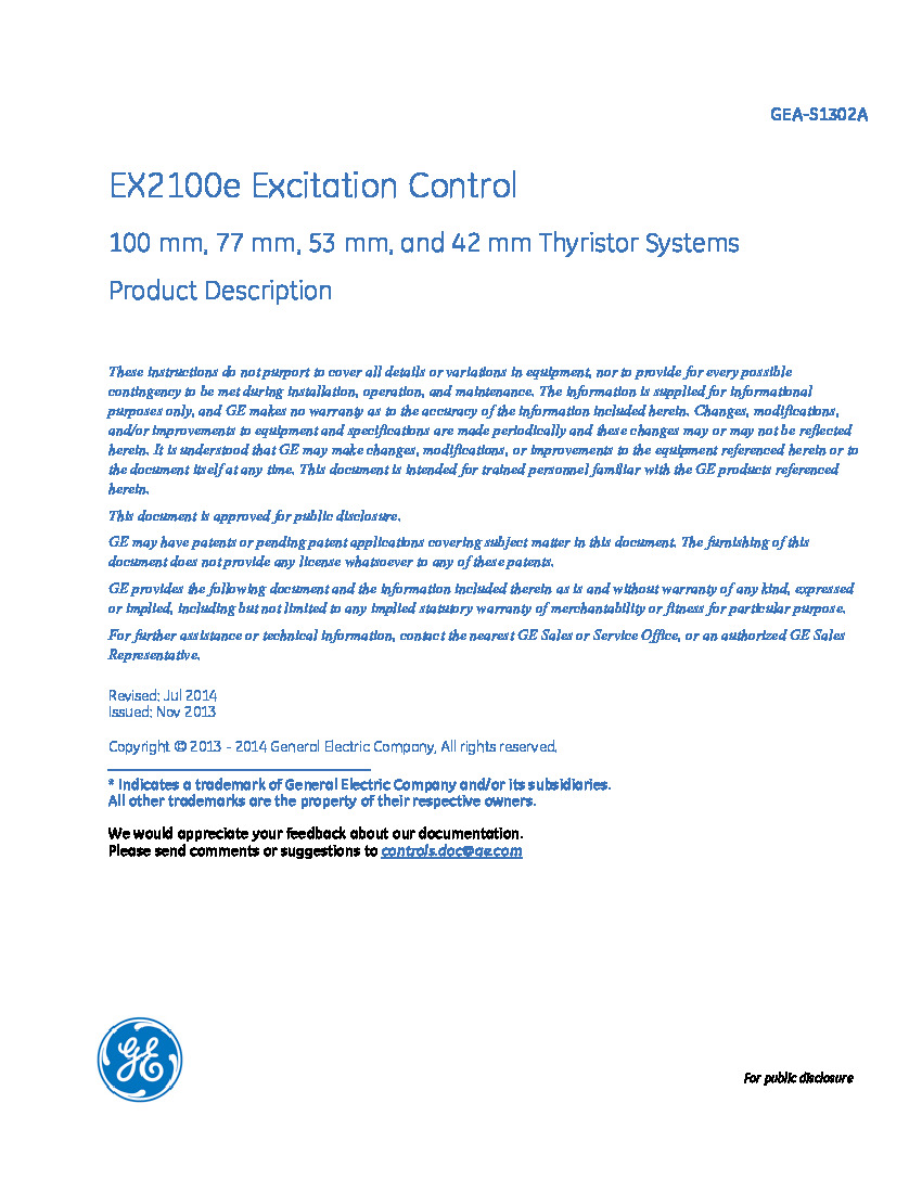 First Page Image of GEA-S1302A IS200ESYSH2A EX2100e Excitation Control Users Guide.pdf